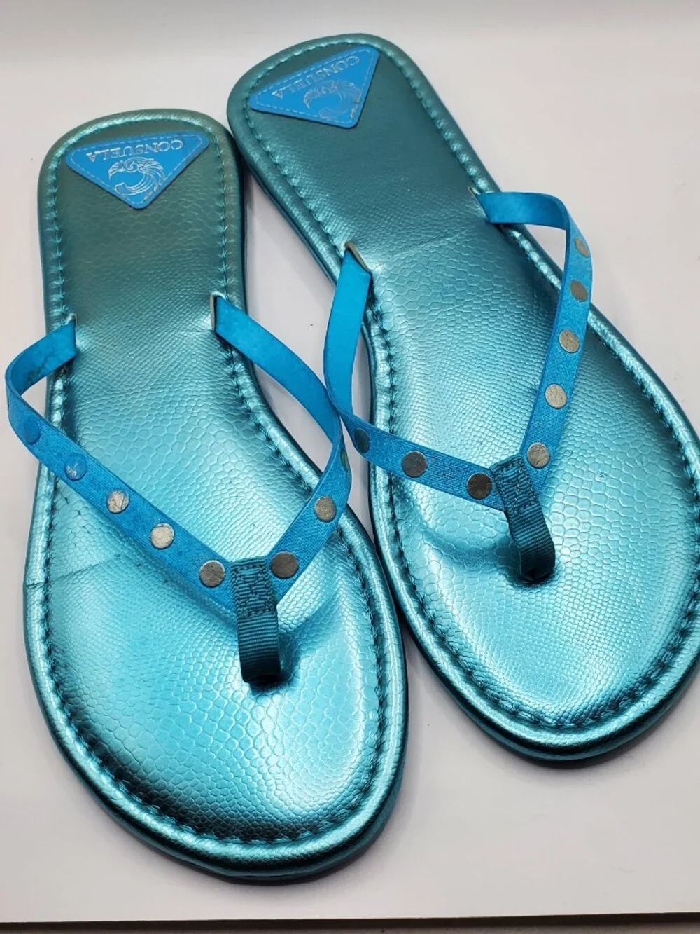 Consuela Large (8-9) Metallic Blue Studded Flip Flop Sandals